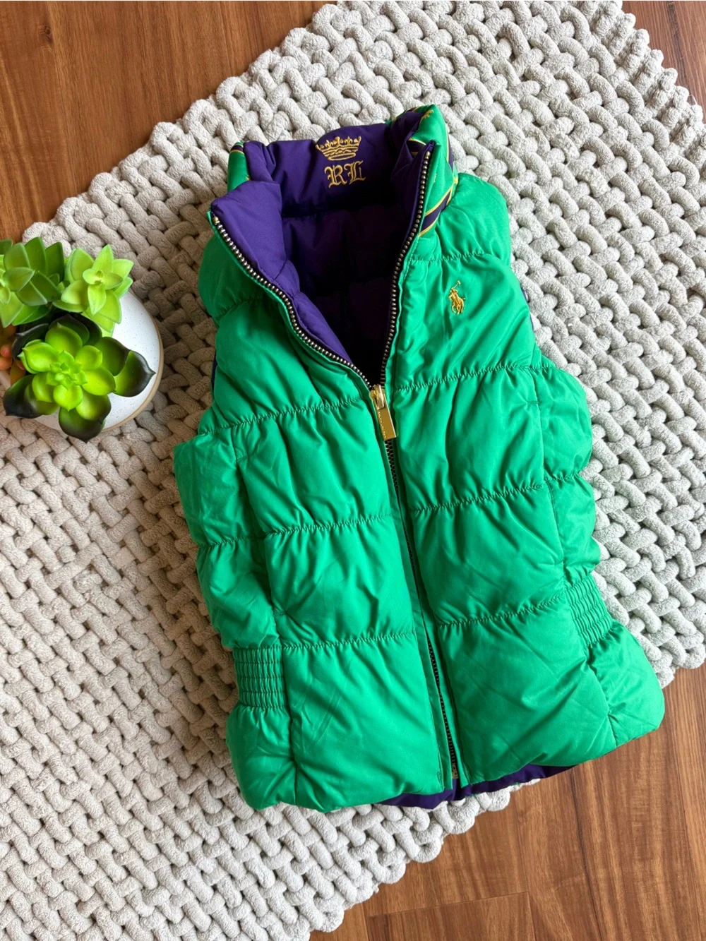 Ralph Lauren | Kids Pony Logo Down Reversible Puffer Vest Green and Purple | 4T